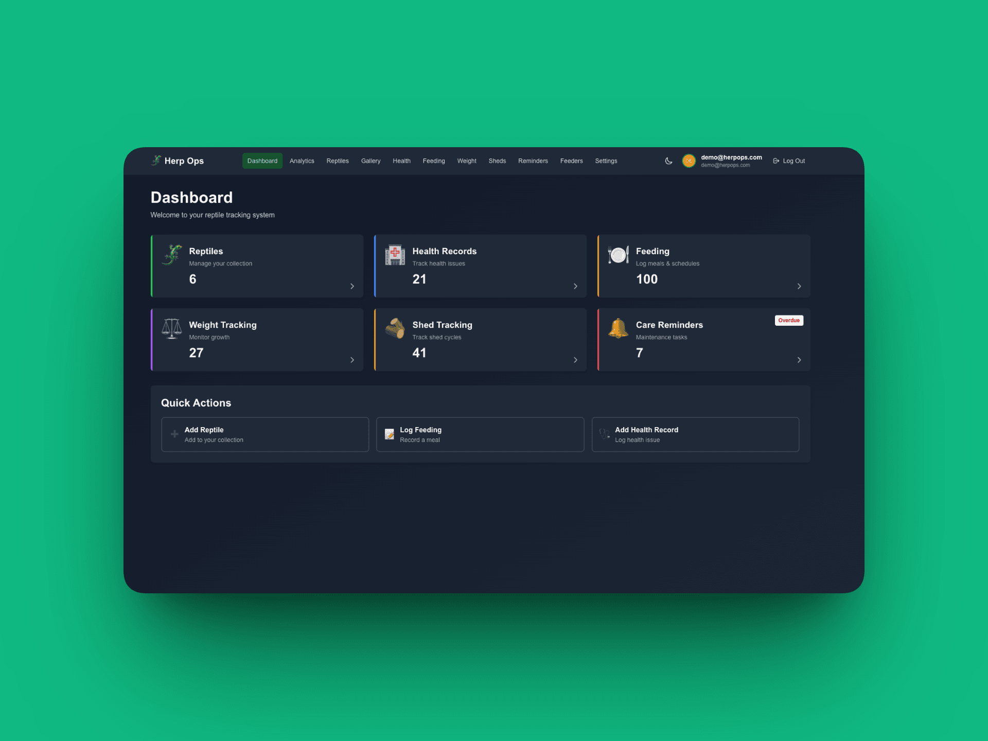 Herp-Ops dashboard showing reptile collection management with feeding, health records, weight tracking, and care reminders